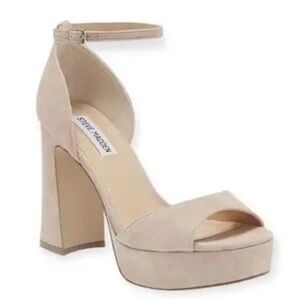 STEVE MADDEN Spence Heels Ankle Strap Platform Sandal Beige Suede Neutral